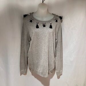 Gray Fine Knit Dressy Holiday Sweater with Black Tassels and Clear Gem Detail
